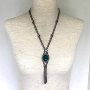 Sterling Silver 925 Green Chrysoprase Multi Strand Foxtail Chain Tassel Necklace